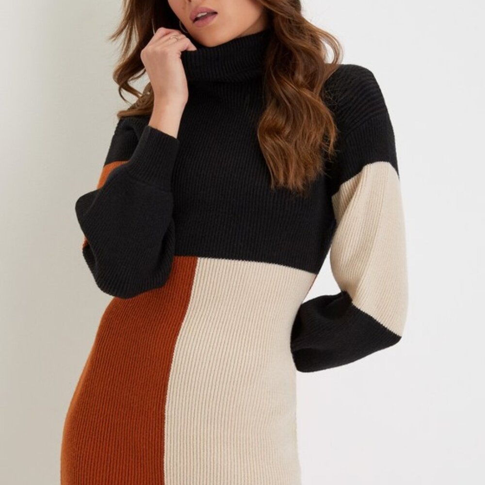 Lulus Mod For You Black Color Block Turtleneck Mini Sweater Dress - Size S